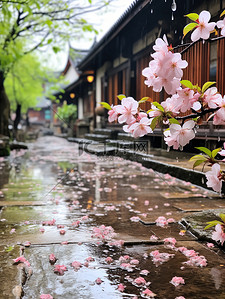 樱花背景图片_江南风光古镇的春天雨水背景图片