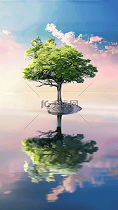 大树免扣png背景图片_清新植树节一棵大树和倒影背景图