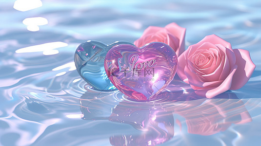 玫瑰心背景图片_水中彩色心形宝石玫瑰背景图片