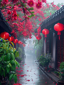 春天雨中的古镇烟雨背景图