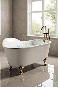 浴室泡澡摄影照片_浅色浴室里的白色浴缸摄影图片9