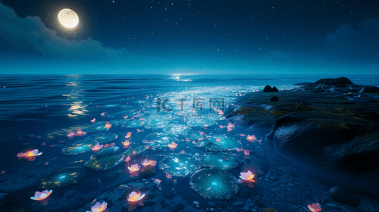 蓝色海上生明月唯美背景4