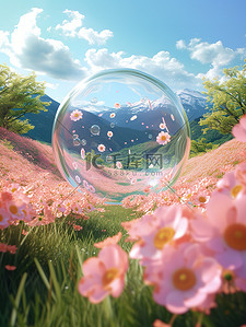 巨大透明泡泡球春天花朵背景素材
