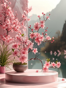 花朵温暖背景图片_春天温暖阳光桃花电商展台背景图片