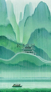 谷雨绿色背景图片_国风青绿色水墨清明节山水背景