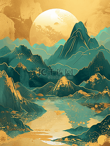 中式平铺装饰山水风景纹理质感的背景21