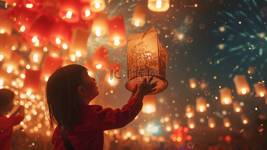 春节开心的女孩背景图片_中国春节灯会灯笼烟花绽放的背景10