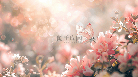 红色韩式花朵背景图片_春季蝴蝶嬉戏花间背景1