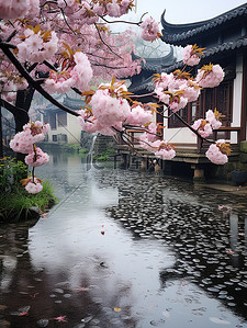 樱花背景图片_江南风光古镇的春天雨水背景图