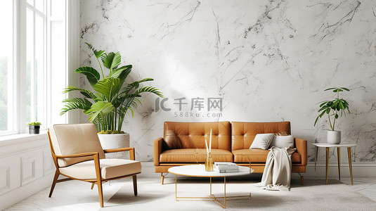 现代客厅大理石棕褐色皮沙发背景素材