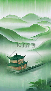 青绿色背景图片_国风青绿色水墨清明节山水背景7