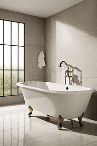 浅色浴室里的白色浴缸摄影配图6