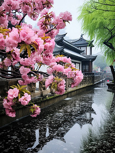 江南风光古镇的春天雨水背景素材