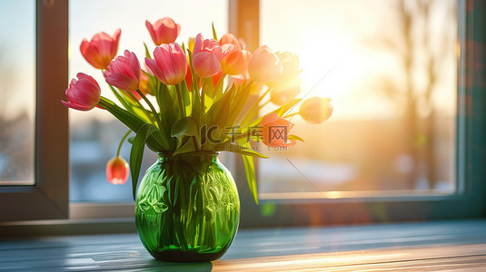 立春背景图片_阳光桌子粉色郁金香背景素材