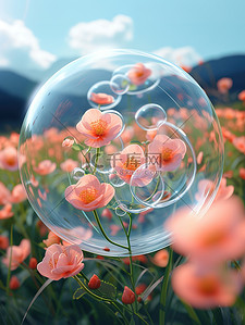 巨大透明泡泡球春天花朵背景
