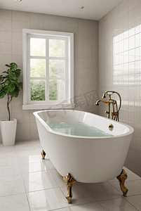 浅色浴室里的白色浴缸摄影图4