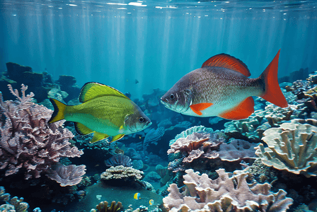 海底游泳的鱼儿与珊瑚摄影图0