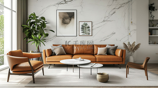 现代客厅大理石棕褐色皮沙发背景