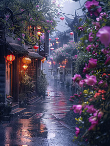 春天雨中的古镇烟雨素材