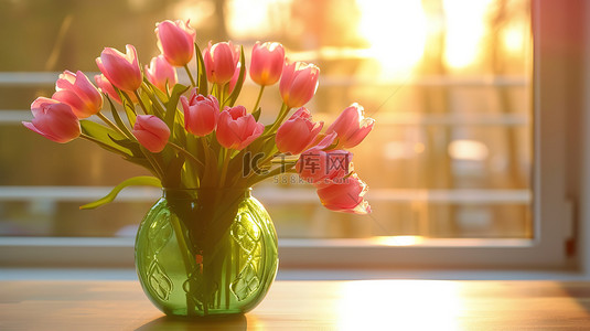 阳光桌子粉色郁金香背景图