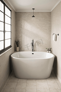 浅色浴室里的白色浴缸摄影配图2