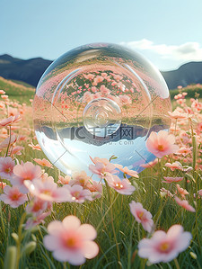 巨大透明泡泡球春天花朵背景图片