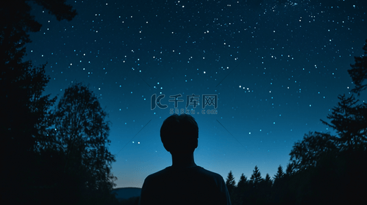 外国男子背景图片_蓝色夜晚星空下男子抬头看星空的背景11