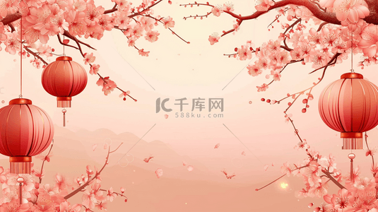 春季彩色手绘树上挂灯笼风景的背景11