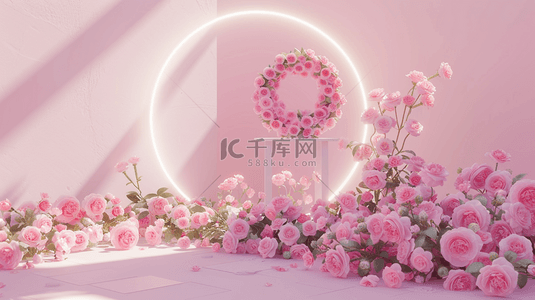 的粉色背景背景图片_粉色浪漫女神节玫瑰花舞台的背景6