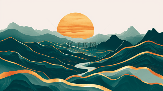 中式平铺装饰山水风景纹理质感的背景20