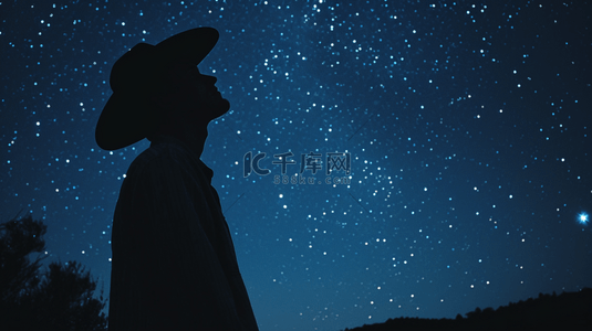 抬头仰望的猫背景图片_蓝色夜晚星空下男子抬头看星空的背景2