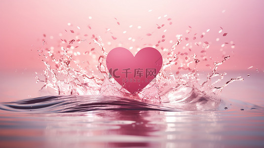 心形情人节素材背景图片_粉红色心形水花波纹飞溅背景素材