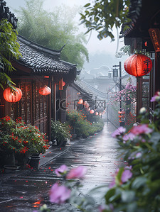 暮色烟雨背景图片_春天雨中的古镇烟雨背景图片