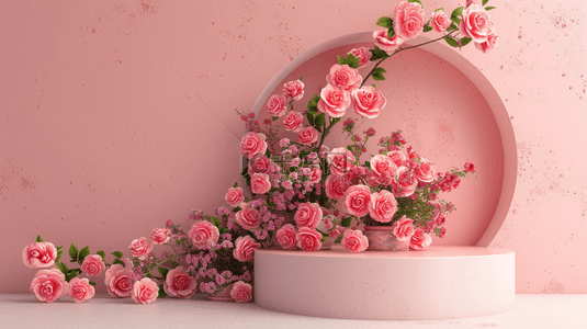 浪漫粉色花朵背景图片_粉色浪漫女神节玫瑰花舞台的背景14