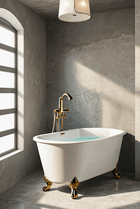 浅色浴室里的白色浴缸摄影图9