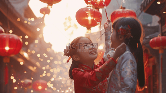 春节开心的女孩背景图片_中国春节灯会灯笼烟花绽放的背景7