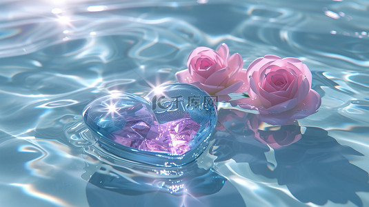 水中彩色心形宝石玫瑰背景图片