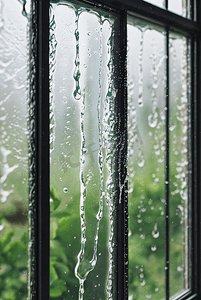 雨天下雨被打湿的窗户摄影图