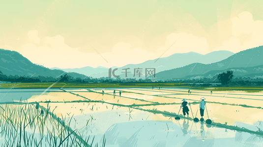 春季日系风插画背景图片_春天农耕农田美丽乡村背景