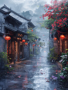 乡村素材背景图片_春天雨中的古镇烟雨素材
