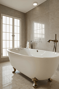 现代室内白色陶瓷浴缸摄影配图