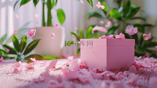 粉色花瓣草地背景图片_铺满鲜花礼物盒摆拍背景13