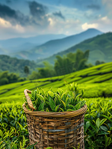 装满茶的竹篮茶园摄影配图