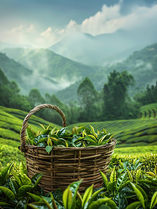 装满茶的竹篮茶园图片