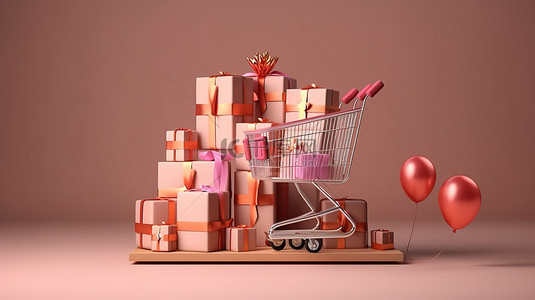 用于闪购活动的垂直讲台模板，带有购物车或袋子和礼品盒 3D 渲染