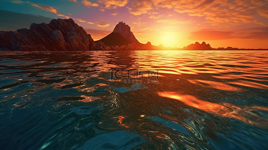 海水反射背景图片_迷人的火山海岸景观，令人惊叹的日落反射水域和 3D 波浪