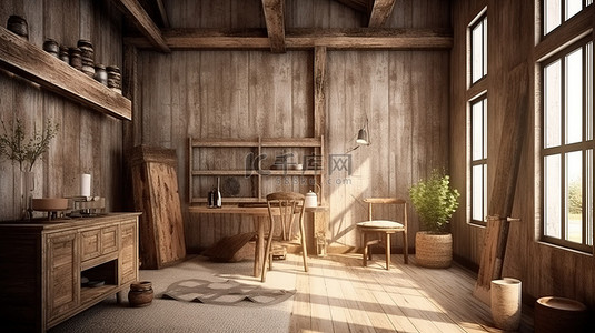 村庄风景背景图片_乡村木屋简约室内设计的 3D 插图