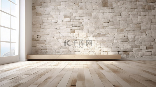在空荡荡的房间里关闭木板木地板和白石垃圾墙的 3D 渲染