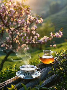 春天桃花树下喝茶摄影图