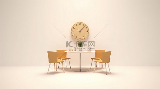 会议商务背景背景图片_以时钟为中心的桌子，周围的椅子在白色背景上以 3d 呈现